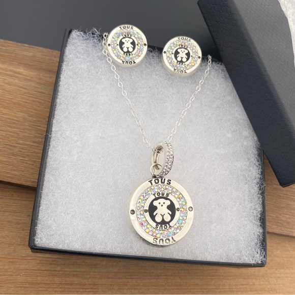 Necklace Earrings Set Bear Imitation 925 Sterling Silver Crystal Oso Plata 925 - Picture 3 of 7